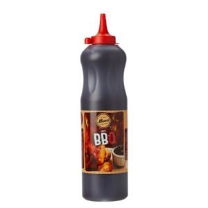 Sauce barbecue en bouteille, idéale pour gril et barbecue, finition brillante, bouteille noire avec bouchon rouge, condiment savoureux pour viandes et merguez, accessoire cuisine professionnelle et maison.