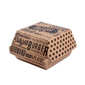 Burger en papier kraft avec texte promotionnel, emballage écologique, cuisine gourmande et savoureuse, parfait pour burger maison ou à emporter, en lien avec la restauration et la qualité alimentaire.