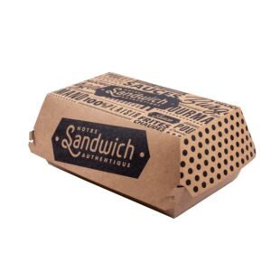 Sandwich à emporter dans un emballage en papier kraft avec logo "Notre Sandwich Authentique" – idéal pour un repas rapide et savoureux.