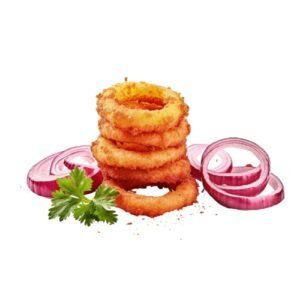 Cercle d'oignons frits croustillants avec oignons rouges tranchés et persil frais.