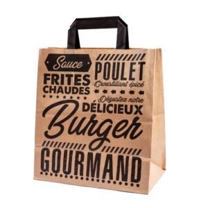 Sac en papier avec impression noire design pour burgers, frites et comidas rapides, idéal pour emporter des plats gourmands, brunchs ou snackings, parfait pour restaurants, food trucks, fast-foods, et événements culinaires.