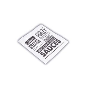 Papier d'emballage avec texte promotionnel pour sauces, frites et poulet, mettant en avant la qualité et la gourmandise des produits.